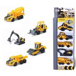 Acest set contine 5 mini vehicule de constructie Volvo ideale pentru joaca si colectionare Vehiculele sunt realizate din metal turnat sub presiune die-cast cu componente din plastic oferind un echilibru intre durabilitate si detalii realiste Vehiculele sunt vopsite in culorile galben si gri specifice marcii Volvo oferind un aspect autentic Fiecare vehicul are parti mobile adaugand un plus de realism si interactivitate in timpul jocului Rotile vehiculelor se rotesc liber permitand 