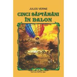 Un roman-enciclopedieLucian PricopUnul dintre primele romane ale lui Jules Verne Cinci saptamani in balon a fost o reusita comerciala inca din primele zile de la editia princeps cea in format mic din ianuarie 1863 Cartea in format mare in-8 octavo a fost pusa in vanzare pe 5 de­cembrie 1865 bucuran­du-se de o primire publica entuziasta Este primul roman in care Jules Verne mixeaza ingredientele fictionale care l-au facut repede celebru povestiri pline de 