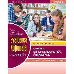 Lucrarea Ghid complet de preg&259;tire Evaluarea Na&539;ional&259; Limba &537;i literatura român&259; clasa a VIII-a propune exersarea pas cu pas a itemilor ce pot ap&259;rea în subiectul de examen oferind un mijloc extrem de eficient în preg&259;tirea elevilorAuxiliarul cuprinde- fi&537;e teoretice cu rol în sistematizarea materiei;- sec&539;iuni aplicative sub forma unor fi&537;e de 