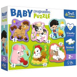 Puzzle Baby Progressive ofera pana la 6 puzzle-uri de forma mare pentru copii mici intr-un singur pachetSetul include 6 puzzle-uri compuse din 2 3 4 5 sau 6 piese puzzle-uri fiind concepute pentru copii de la 2 ani Numarul tot mai mare de elemente si nivelul de dificultate il fac un produs ideal pentru a incepe aventura puzzle-ului Cel mai gros carton de pe piata si forma potrivita pentru copii a elementelor ofera o potrivire perfecta pentru mainile mici si fac puzzle-ul sigur pentru 