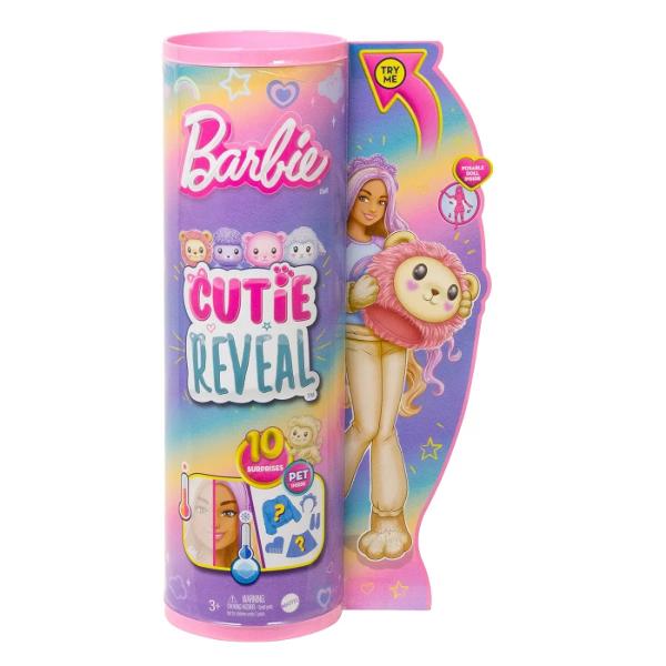 Cu 10 surprize intr-un singur pachet papusile din seria Barbie Cutie Reveal Cozy Cute Tees ofera cea mai draguta experienta de desfacere a cutiei cu prieteni animale de plus moda si distractie prin transformare Despacheteaza pentru a gasi un leu galben adorabil de plus imbracat intr-un tricou colorat cu un mesaj inspirational &quot;Speranta&quot; si care ascunde inauntru o papusa Barbie Ridica capul costumului si dezvaluie papusa Barbie pozabila cu par lung blond cu striatii 