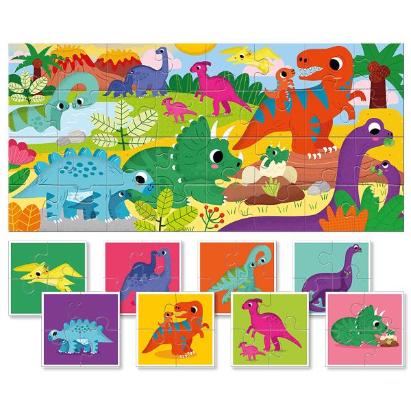 Baby Puzzle Dinozauri 2-5 aniAceste puzzle-uri au fost special concepute pentru a dezvolta aten&539;ia &537;i concentrarea cât &537;i manualitatea fin&259; si aten&539;ia la detalii pentru copii de vârst&259; pre&537;colar&259;Piesele sunt fa&539;&259;-verso astfel încât s&259; pute&539;i crea &537;i o imagine frumos ilustrat&259; pe dosCON&538;INE 8 puzzle-uri cu fa&539;&259; dubl&259; de 4 piese fiecare din 