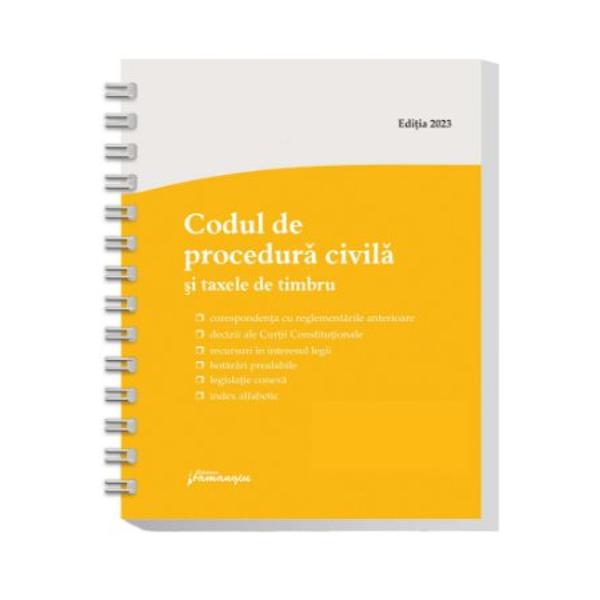 Lucrarea de fata cuprinde textul actualizat al Codului de procedura civila precum si cate un extras din Legea nr 762012 de punere in aplicare si din Legea nr 22013 Pe langa acestea a fost inclusa si OUG nr 802013 privind taxele judiciare de timbruO tabla de materii detaliata si un index alfabetic ale codului au fost intocmite pentru a face mai usoara cautarea institutiilorcuvintelor-cheieIn Codul de procedura civila si taxele de 