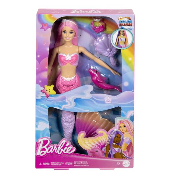 Papusa sirena Barbie Color Change aduce o doza de magie in lumea fetitelor Sirena are o coronita in parul sau roz o coada multicolora si un corset cu accente de inspiratie marina Pregatiti pentru o transformare de culoare Scufundati papusa Barbie in apa calda si priviti cum parul corsetul si coada isi schimba culoarea dezvaluind un curcubeu de minunate culori pastel Scufundati-o in apa rece ca gheata pentru a vedea cum se schimba inapoi la aspectul original si retraiti 