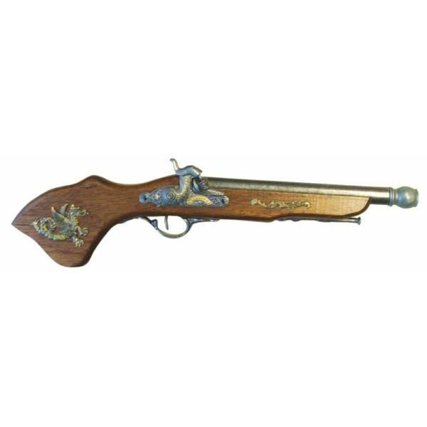 Pistol francez secolul al XVIII-leaDin lemn mecanism capsul&259; din metal lustruit  butoi îngust tot din metal lustruit pe pat este aplicat&259; o plac&259; cu decora&539;iuni de epoc&259;Dimensiuni 47 cmGreutate 770 gr