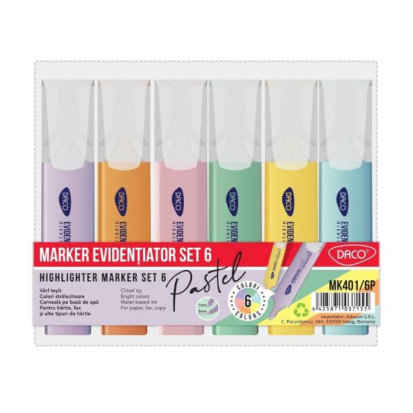 Incearca setul de markere evidentiatoare pastel de la DACO si completeaza-ti colectia de rechizite si articole de birou Marker-ul evidentiator pastel DACO este un instrument de scris fabricat cu o formula de vopsea speciala ce permite sa scrie pe hartie sau pe alte materiale cu o culoare pastel placutaAcest tip de marker este ideal pentru a evidentia informatii 