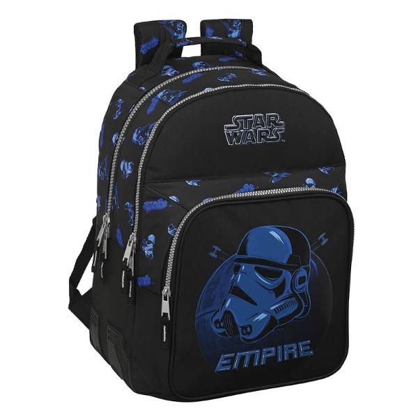 Rucsac 42 cm cu 2 compartimente Star WarsRucsacul dublu Star Wars este ideal pentru scoala clasele 1-8 dar si pentru micile plimbari in parc sau calatorii are doua compartimente principale foarte incapatoare si un buzunar frontal care se inchid cu fermoar si un buzunar lateral pentru sticla de apaIn buzunarul frontal se gasesc 3 spatii pentru pixuri un buzunar mic din plasa care se inchide cu fermoarColturile 