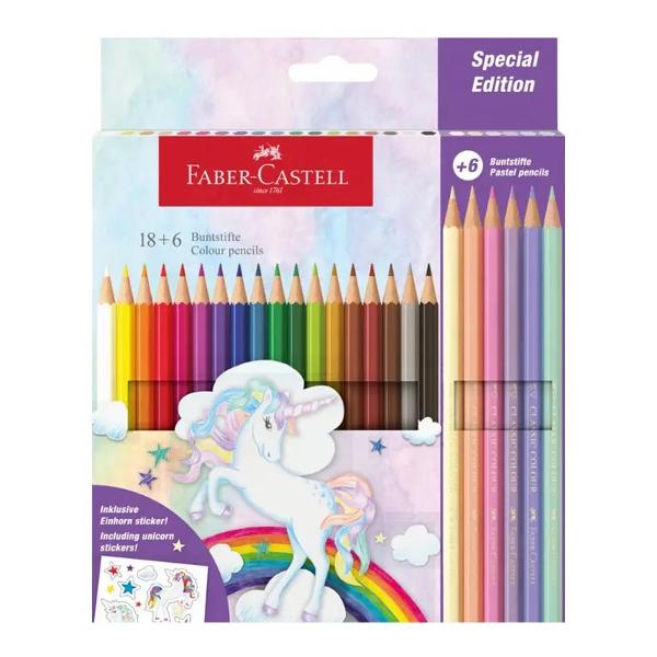 Creioane colorate 168 unicorn Faber Castell  contin 16 creioane colorate hexagonale nuante clasice  si  8 creioane in culori pastel Faber-Castell si stickere cu unicorni Culori stralucitoare Lipirea speciala SV previne ruperea mineiCreioanele au fost produse utilizand o tehnica speciala de lipire a grafitului SV pentru a creste rezistenta minelor la uzuraSet fabricat numai din materiale ecologice in 