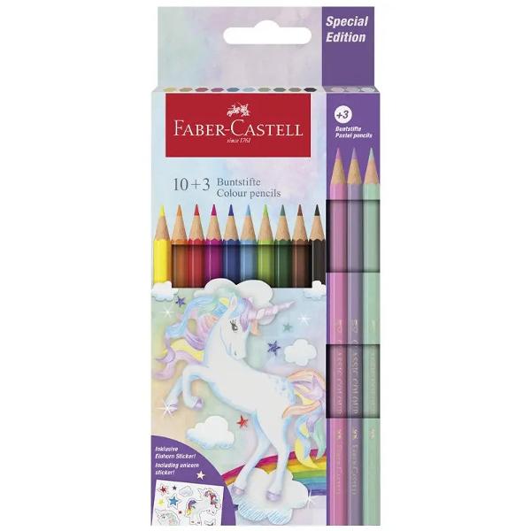 Creioane colorate 103 unicorn Faber Castell  contin 10 creioane colorate hexagonale nuante clasice  si  3 creioane in culori pastel Faber-Castell si stickere cu unicorni Culori stralucitoare Lipirea speciala SV previne ruperea mineiCreioanele au fost produse utilizand o tehnica speciala de lipire a grafitului SV pentru a creste rezistenta minelor la uzuraSet fabricat numai din materiale ecologice in 