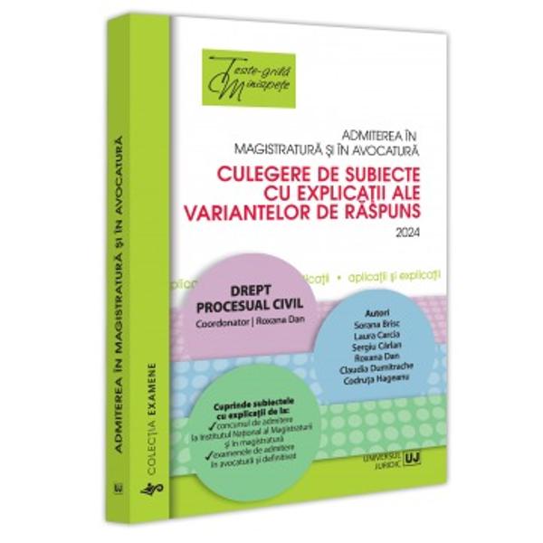 Subiectele selectate respectând structura examenelor pe care se bazeaza astazi concursurile de admitere în profesiile juridice la care se adauga &537;i explica&539;iile tuturor variantelor de raspuns vor permite simularea examenelorconcursurilor de admitere în profesiile juridice precum &537;i gestionarea emo&539;iilor specifice acestoraLucrarea cuprinde subiectele date la concursurileexamenele de admitere în profesiile juridice din ultimii ani 