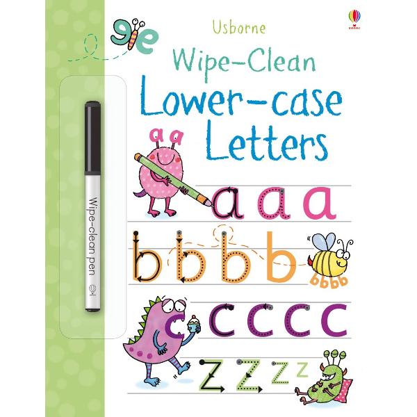 A wipe-clean book for preschoolers full of friendly monsters to help children learn to write lower case letters Pen control activities such as adding straight stalks to daffodils or curly antennae to an insect help children practise the shape of each letter in the alphabet and the special wipe-clean pen can be used again and again 