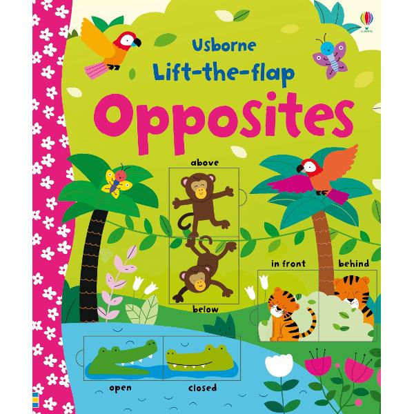 A colourful book with over 60 flaps to lift to teach little children about opposites in a fun way Pages include colourful scenes at the park in the ocean in the jungle and more Each flap has its opposite hiding behind it Bright illustrations of large and small parrots high and low swings at the park and hot and cold picnic foods make the opposites clear and give prereaders lots to spot and talk about With pages for commonly used opposites such as above and below inside and outside and 