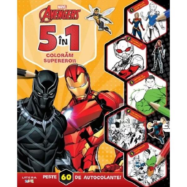 Disney Avengers 5 in 1 Coloram supereroii Peste 60 de autocolanteAduna-ti creioanele si pregateste-te pentru o aventura 5 in 1 alaturi de supereroii Marvel Cartea contine peste 60 de autocolante minunate si pagini de colorat in 5 feluri diferite care te vor ajuta sa aduci la viata povestile eroilor tai preferati