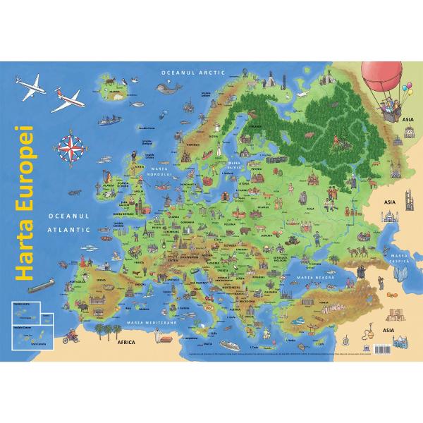 Livrarea acestui produs necesit&259; ad&259;ugarea unei contravalori a transportului de plan&537;&259; pe l&226;ng&259; acest produsHarta juc&259;u&537;&259; &238;n care sunt ilustrate monumentele tradi&539;iile &537;i aspectele speciale ale continentului European pe l&226;ng&259; grani&539;ele &537;i relieful acestuia Specifica&539;iiM&259;rimi 70 x 50 cm