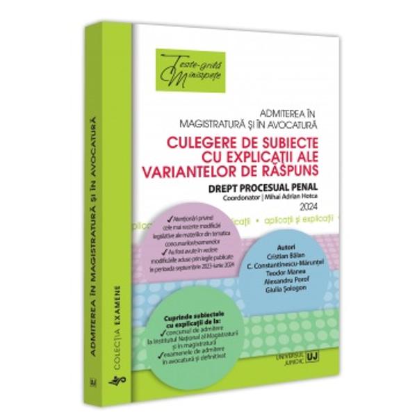 Subiectele selectate respectând structura examenelor pe care se bazeaza astazi concursurile de admitere în profesiile juridice la care se adauga &537;i explica&539;iile tuturor variantelor de raspuns vor permite simularea examenelorconcursurilor de admitere în profesiile juridice precum &537;i gestionarea emo&539;iilor specifice acestoraLucrarea cuprinde subiectele date la 