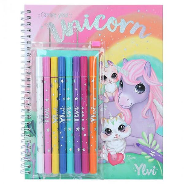 Pentru fanii creativi de unicorn Cartea de colorat Ylvi are 30 de pagini imprimate pe ambele fe&539;e cu motive dr&259;gu&539;e &537;i imaginative pe care s&259; le colorezeDe asemenea sunt incluse 7 carioci colorate cu dou&259; capete 1 vârf lat 05x3 mm 1 vârf sub&539;ire 1 mm &537;i un pix magic care schimb&259; culorile pictate ca prin farmec 7 culori devin 14 culori