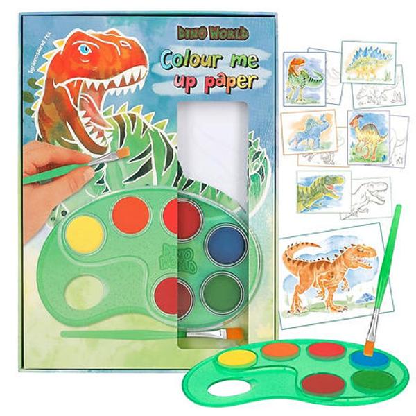 Distrac&539;ie de pictur&259; cu dinozauri cu hârtia Dino World Color me up 10 motive grozave de dinozauri cu linii albe pretip&259;rite care fac ca pictarea s&259; fie o joac&259; de copii Include o palet&259; cu 6 culori o pensul&259; &537;i instruc&539;iuni de pictur&259; cu teoria culorilor