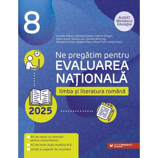 Lucrarea Ne preg&259;tim pentru Evaluarea Na&355;ional&259; Limba &537;i literatura român&259; Clasa a VIII-a reprezint&259; un auxiliar complet de preg&259;tire a primului examen important din via&355;a unui elevCon&355;ine– 40 de seturi cu exerci&355;ii de antrenament preg&259;titoare pentru cerin&355;ele specifice subiectului de examen;– 40 de teste realizate în conformitate cu programa 