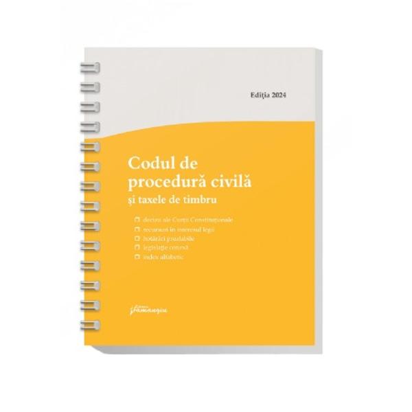 Lucrarea de fata cuprinde textul actualizat al Codului de procedura civila precum si cate un extras din Legea nr 762012 de punere in aplicare si din Legea nr 22013 Pe langa acestea a fost inclusa si OUG nr 802013 privind taxele judiciare de timbruO tabla de materii detaliata si un index alfabetic ale codului au fost intocmite pentru a face mai usoara cautarea institutiilorcuvintelor-cheieIn Codul de procedura civila 