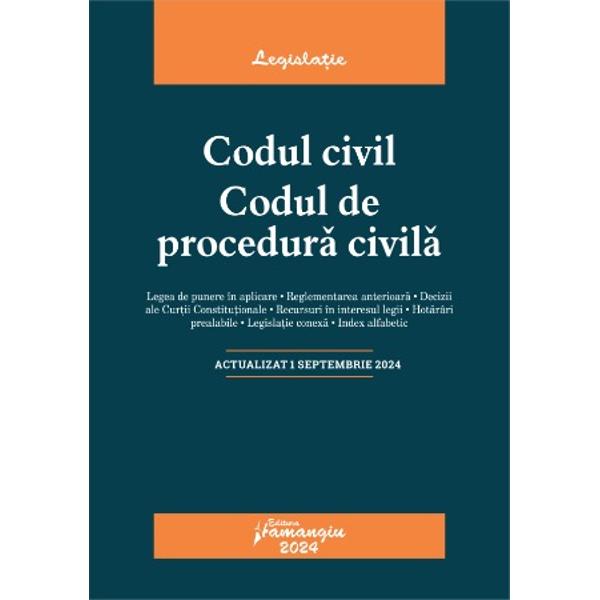 Codul civil Codul de procedura civila reuneste textele la zi ale celor doua legi in vigoare in materie civila si de procedura civila oferind o baza teoretica de studiu practicienilor cadrelor didactice studentilor dar si tuturor celor implicati in interpretarea si aplicarea acestor dispozitiiLa finalul fiecarui articol al celor doua coduri sunt indicate cu caractere italice textele corespondente din actele normative care au fost abrogate si al 