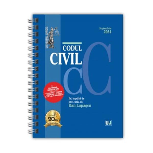 Lucrarea Codul civil Septembrie 2024 editie spiralata ingrijita de prof univ dr Dan Lupascu si tiparita pe hartie alba de calitate superioara include ultimele modificari aduse prin Legea nr 1162024; Legea nr 1222024; DCC din 9 iulie 2024Sub articolele Codului se regasesc acolo unde este cazul dispozitii de aplicare; decizii ale Curtii Constitutionale; recursuri in interesul legii; hotarari prealabile; numeroase dispozitii conexe si referinte legislative deosebit 