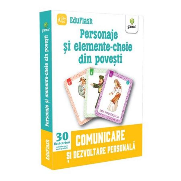 Pachetul „Personaje &537;i elemente-cheie din pove&537;ti” con&539;ine 30 de flashcarduri cu personaje &537;i elemente-cheie din patru pove&537;ti foarte cunoscute „Pungu&539;a cu doi bani” „Fata babei &537;i fata mo&537;ului” „Ursul p&259;c&259;lit de vulpe” &537;i „Ridichea uria&537;&259;” Pe baza lor provoca&539;i copilul s&259; povesteasc&259; s&259; joace jocuri de rol sau s&259; discute despre 