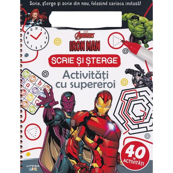 Descopera cartile de activitati cu carioca reutilizabila si distreaza-te alaturi de supereroii tai preferati Deseneaza scrie joaca-te si distreaza-te cu Iron Man Daca vrei sa modifici ce ai scris poti oricand sterge si incerca din nou Bucura-te de activitatile si aventurile din aceasta carte ori de cate ori dorestiIlustratii color