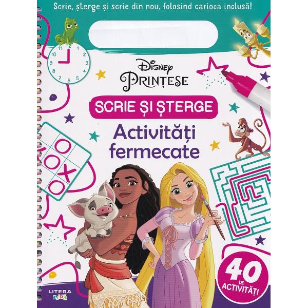 Bucura-te iar si iar de activitati distractive cu printesele Disney Folosind carioca speciala inclusa cu pasta care se sterge poti desena juca jocuri si completa puzzle-uri de cate ori dorestiIlustratii color