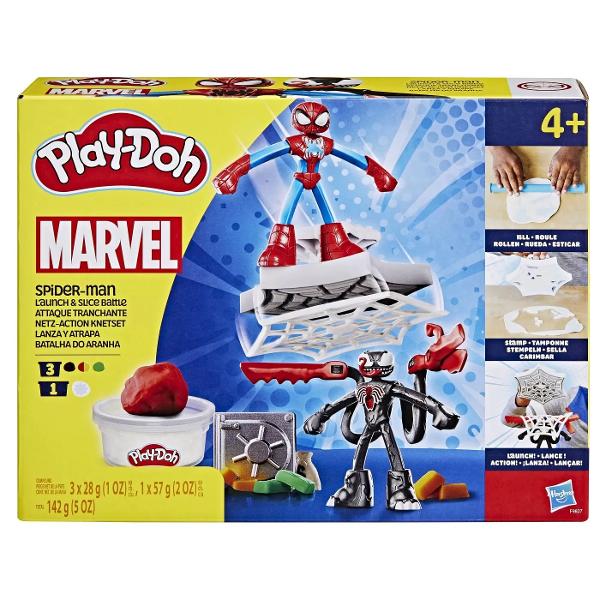 Activati imaginatia copiilor cu setul de jucarii Play-Doh Marvel Spider-Man Launch & Slice Battle Acest set de joaca pentru copii vine cu 2 figurine Venom si Spider-Man super cool si indraznete si accesorii Play-Doh personalizabile care le permit copiilor sa isi joace propriile povesti epice Foloseste seiful pretins pentru a modela bani pietre pretioase si lingouri de aur pentru ca Venom sa le fure apoi imagineaza-ti figura Omul Paianjen care se apropie pentru a salva ziua cu un scut 