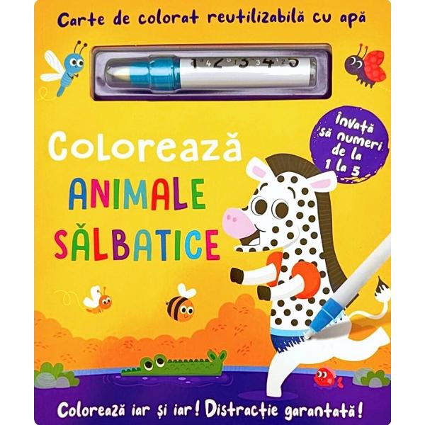 Coloreaza iar si iar Distractie garantata Invata sa numeri de la 1 la 5  Este foarte simplu umpleti stiloul cu apa apoi colorati paginile La contactul cu apa imaginile ascunse vor aparea pentru a fi descoperite de cei mici Dupa colorarea paginilor in aproximativ 10 minute acestea se usuca revenind la imaginea alba initiala apoi puteti sa o luati de la capat AVERTISMENT Contraindicat copiilor mai mici de 3 ani 