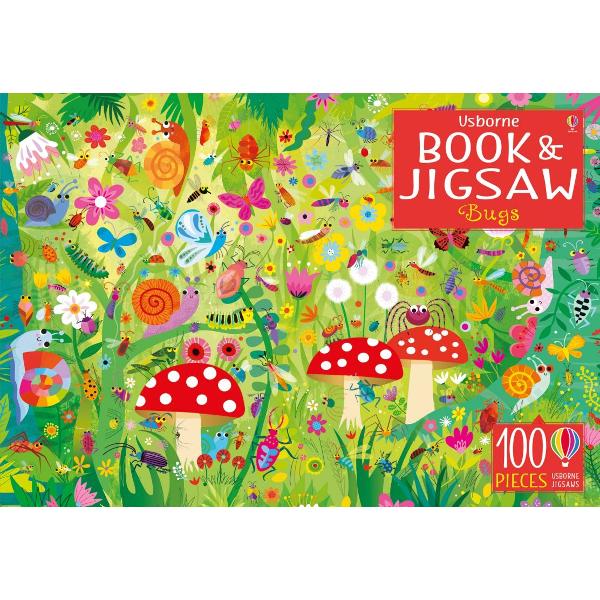 A brilliantly colourful 100-piece jigsaw showing a busy bug-filled scene plus a 24-page picture puzzle book presented together in a sturdy box The jigsaw measures 59 x 40cm and both the jigsaw and book illustrated by Gareth Lucas are full of insects to spot Can you find an ant in a deckchair a butterfly blowing a trumpet a dragonfly riding a broom and lots more The puzzle book is a condensed version of the hardback book Look and Find Bugs 