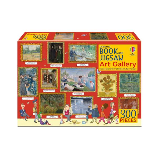 Welcome to the art gallery On display youll discover 12 famous paintings by Claude Monet Vincent van Gogh Georges Seurat and more Put together the 300-piece jigsaw then find out about each painting and artist in the accompanying book - with internet links to find out more online Presented in a beautiful gift box this is a fun activity for all the family Created in association with The National Gallery London Completed size of jigsaw 40 x 59cm