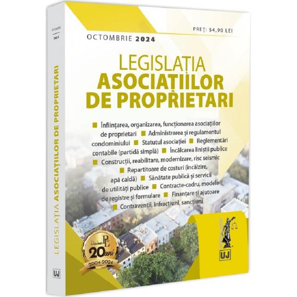 Legislatia asociatiilor de proprietari Octombrie 2024• Infiintarea organizarea functionarea asociatiilor de proprietari• Administrarea si regulamentul condominiului• Statutul asociatiei• Reglementari contabile partida simpla• Incalcarea linistii publice• Constructii reabilitare modernizare risc seismic• Repartitoare de costuri incalzire apa 