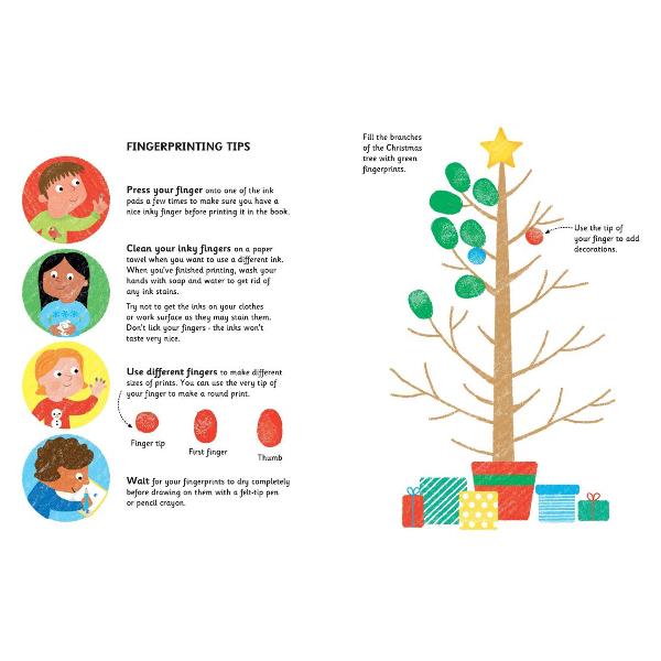 This activity book with seven coloured ink pads is full of pictures to complete with festive fingerprinting including decorating a Christmas tree and Christmas stockings gingerbread men and wintry snow scenes Simple instructions show how to use different fingers to make different shapes to print reindeer birds snowmen and lots more 