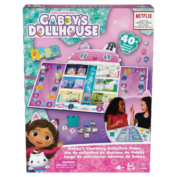 Joaca noul joc Gabby’s Dollhouse pentru copii din Spin Master Games Gabby’s Charming Collection Game bazat pe emisiunea Netflix DreamWorks Sa fim mici cu toti prietenii nostri si sa ajutam la decorarea Casei de papusi pentru petrecerea purr-fecta Pe masura ce decoram fiecare dintre noi va colecta farmece Exista peste 40 de farmece de colectat La final cine are cele mai multe farmece castiga jocul Sarbatoreste la petrecere cu un mare „Miau” Acest joc de 