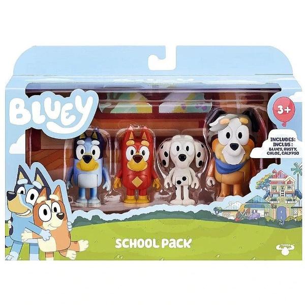 Pachet Bluey Figures 4 Pachetul Bluey School este o serie animata pentru copiii prescolari Popularitatea lor reflecta interesul imens pentru jucariile din aceasta serie Bluey este o fata adorabila Blue Heeler in varsta de 6 ani care impreuna cu sora ei Bingo ii place sa transforme viata de familie de zi cu zi in aventuri nesfarsite momente memorabile din serial Jucariile moi Bluey sunt moi la 