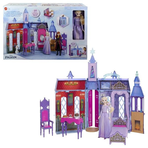 Inspirata de filmul Disney Frozen 2 aceasta casa frumoasa de papusi din castelul Arendelle include 1 papusa Elsa si 15 piese de mobilier si accesorii Setul de joaca Castle include 4 zone de joaca inclusiv dormitorul Elsei cu un pat care se transforma intr-o masuta de toaleta cu spatiu de depozitare suplimentar o sala a tronului cu un tron si o sufragerie cu masa scaun si piese de mancare