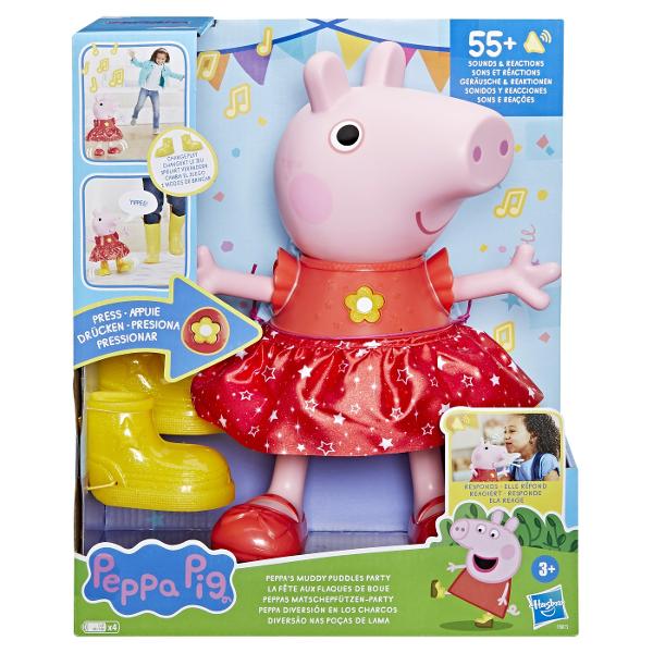 Vorbeste joaca canta danseaza si petrece alaturi de Peppa Aceasta papusa Peppa de 30 cm inaltime poarta o rochie de petrecere stralucitoare si vine cu ghete galbene detasabile care ii schimba modul in care se joaca Peste 55 de sunete fraze si reactii ofera copiilor atat de multe moduri de a se juca cu aceasta jucarie interactiva Pune-i sau scoate-i ghetele Peppei pentru a descoperi toate frazele efectele sonore melodiile si jocurile ei Cu cizmele scoase jucaria este in Modul 