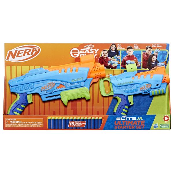 Cele 2 blastere de jucarie din acest set de pornire Nerf Elite Junior Ultimate au un design usor de jucat astfel incat copiii sa se poata bucura de jocul captivant cu sageti Nerf singuri in jocurile de interior si exteriorBlasterele din acest set sunt dimensionate pentru a se potrivi confortabil in mainile mici si au un design usor care este usor de tinut si de transportat de copiiManerele blasterului au cea mai mica forta de tragere dintre toate blasterele Nerf asa ca este usor pentru 