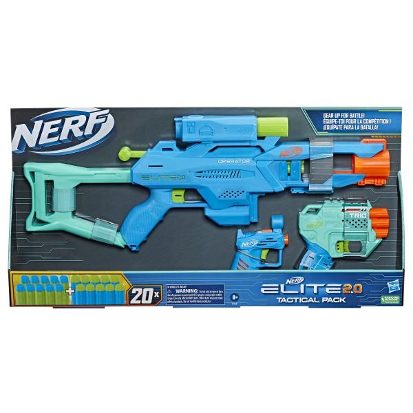 Triplati-va actiunea de lupta cu Elite Nerf 20 Tactical Pack care include 3 blastere si 20 proiectile Nerf Elite Lanseaza-te in batalii de 2 proiectile cu Operator DB-2 un blaster care trage cu 2 proiectile intr-un rand are un locas pentru 2 proiectile amorsare prin tragerea manerului tinta si pat arma Pentru un atac cu trei proiectile apuca blasterul Trio TD-3 care dezlantuie 3 proiectile intr-un rand are 3 locasuri pentru proiectile si o sina tactica Pregateste-te pentru asul din 