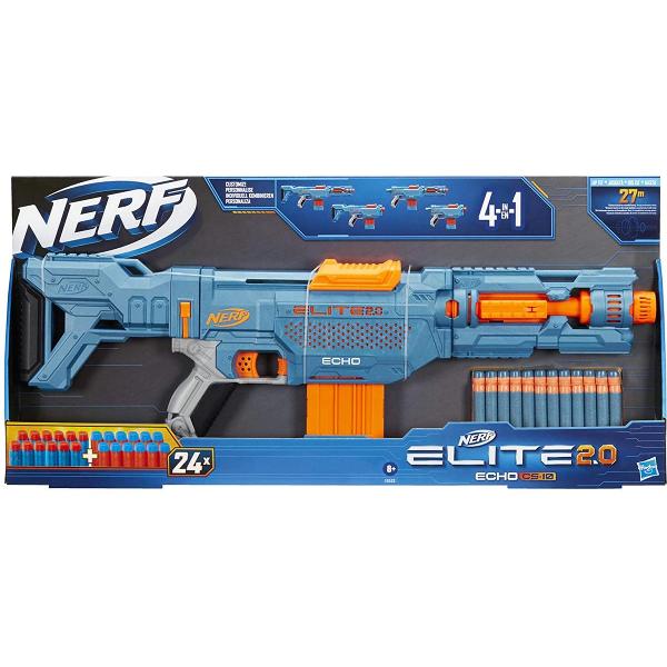 Echipeaza-te pentru lupta cu blasterele Nerf Elite 20 cu optiuni de personalizare incorporate astfel incat sa le poti imbunatati si sa le pui la bataie in competitiile Nerf Creeaza-ti o colectie de blastere Elite 20 pentru a-ti optimiza strategia tactica si flexibilitatea in fiecare misiune si in fiecare lupta Blasterul Nerf Elite 20 Echo CS-10 include un pat si o extensie pentru teava demontabile astfel incat sa iti poti personaliza blasterul in mai multe feluri Foloseste cele 4 sine 