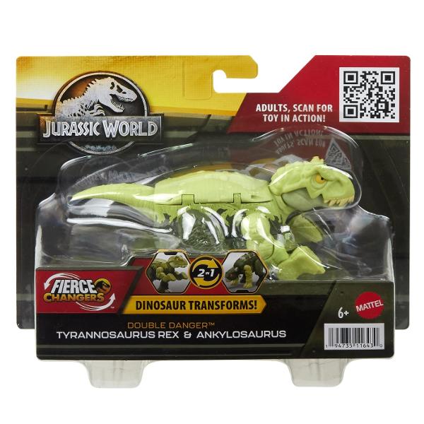 Aceste figurine Jurassic World Double Danger le ofera iubitorilor de dinozauri de doua ori mai mult entuziasm Erbivorele se transforma in carnivore iar inapoi in 11 pasi simpli Sunt disponibile 4 figuri diferite Tyrannosaurus Rex se transforma cu Ankylosaurus in 2 decoruri de design diferite Carnotaurus se transforma cu Stegosaurus si Baryonyx cu Parasaurolophus Caracteristicile specifice speciei sunt proiectate in o jucarie transformatoare grozava pentru copiii de la 6 ani in sus 