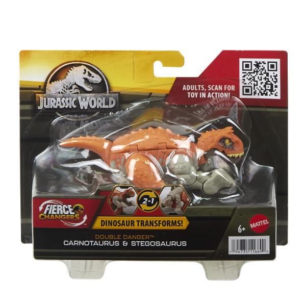 Aceste figurine Jurassic World Double Danger le ofera iubitorilor de dinozauri de doua ori mai mult entuziasm Erbivorele se transforma in carnivore iar inapoi in 11 pasi simpli Sunt disponibile 4 figuri diferite Tyrannosaurus Rex se transforma cu Ankylosaurus in 2 decoruri de design diferite Carnotaurus se transforma cu Stegosaurus si Baryonyx cu Parasaurolophus Caracteristicile specifice speciei sunt proiectate in o jucarie transformatoare grozava pentru copiii de la 6 ani in sus 