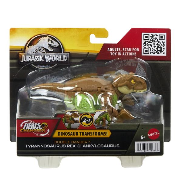 Aceste figurine Jurassic World Double Danger le ofera iubitorilor de dinozauri de doua ori mai mult entuziasm Erbivorele se transforma in carnivore iar inapoi in 11 pasi simpli Sunt disponibile 4 figuri diferite Tyrannosaurus Rex se transforma cu Ankylosaurus in 2 decoruri de design diferite Carnotaurus se transforma cu Stegosaurus si Baryonyx cu Parasaurolophus Caracteristicile specifice speciei sunt proiectate in o jucarie transformatoare grozava pentru copiii de la 6 ani in sus 