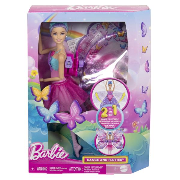 Inspiratia si imaginatia prind aripi cu papusa Barbie Dance and Flutter o jucarie uimitoare care aduce un moment magic de transformare 2 in 1 Printr-o simpla apasare a lantisorului de pe corset fusta mov a papusii se deschide ca prin magie dezvaluind aripi mari si stralucitoare de fluturePapusa Barbie are o coafura fermecatoare cu parul mov prins intr-un coc si o bentita florala care completeaza aspectul de balerina magicaCu Barbie Dance and Flutter copiii pot trece de la dansatoare la 