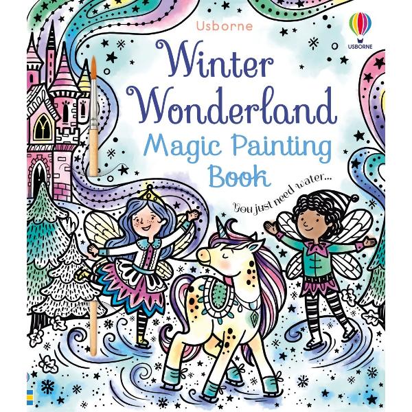 Filled with wintry whimsy from ice-skating unicorns to snow castles northern lights and other fantastical delights Use the brush provided to sweep water over the designs and festive colours magically appear A mess-free way to keep children busy in the holidays Simply tuck the waterproof back flap under each page as its painted to stop water from seeping through to the rest of the book