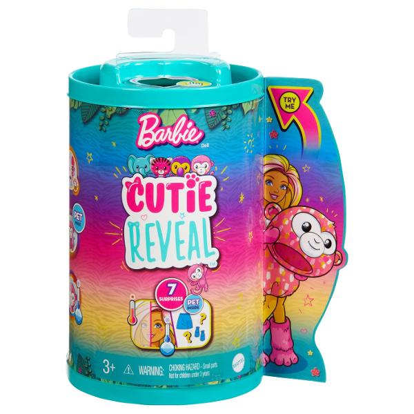 Papusile Barbie&reg Cutie Reveal&trade Jungle Series Chelsea&trade ofera cea mai draguta experienta de despachetare cu sapte surprize Descoperiti un pui de elefant fermecator un pui de tigru adorabil un pui stralucitor de tucan sau un pui de maimuta obraznic apoi scoateti costumul de plus pentru a dezvalui o papusa Chelsea&trade articulata Ce papusa vei dezvalui Fiecare papusa mica vine cu forme stralucitoare pe fata Descopera mai multe surprize precum o fusta si un mini 