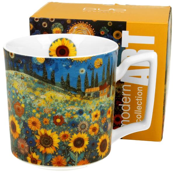 Cana SUNFLOWER FIELD   parte a liniei MODERN   realizata din portelan caracterizata printr-o culoare alb-crem eleganta si naturala cu o stralucire delicata si o durabilitate exceptionala pastrand in acelasi timp lejeritatea si delicateteaLinia este decorat&259; cu un tablou încânt&259;tor cu un câmp de floarea soarelui care se întinde spre cerul înstelat Florile 