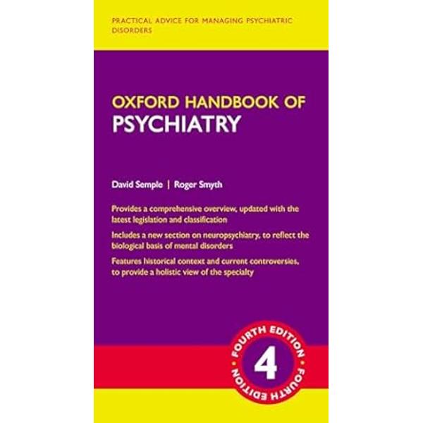 This new fourth edition of the Oxford Handbook of Psychiatry is the essential evidence-based companion to all aspects of psychiatry from diagnosis and conducting a clinical interview to management by subspecialty Fully updated to reflect changes to the legislature and classification of psychiatric disorders and with coverage of the anticipated ICD-11 coding this Handbook provides the latest advances in both clinical practice and management 