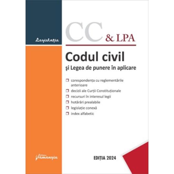 Lucrarea de fata cuprinde Codul civil si Legea de punere in aplicare a acestuia redata in extras Textul Codului este insotit de articolele corespondente din vechiul Cod civil Codul comercial Codul familiei Decretul nr 1671958 si celelalte acte normative anterioare al caror continut a fost absorbit in Codul civil toate acestea fiind redate la finalul articolelor cu caractere italice De asemenea se fac trimiteri la legislatia conexa si sunt prezentate deciziile Curtii 